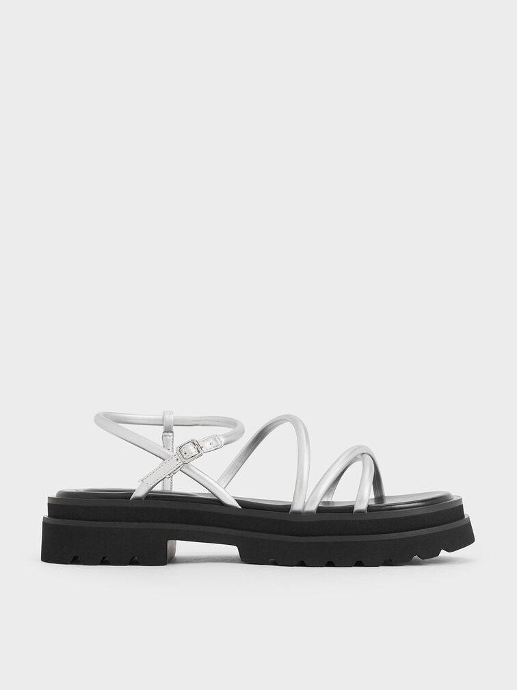 Tubular Strap Sandals, Silver, hi-res