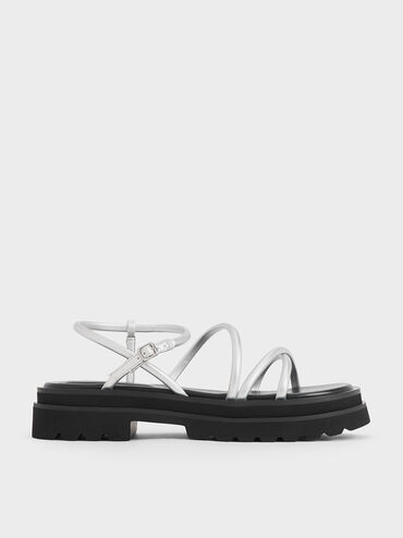 Tubular Strap Sandals, Silver, hi-res