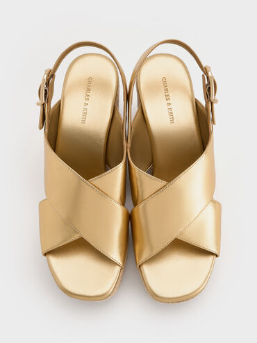 Metallic Crossover Espadrille Wedges, Gold, hi-res