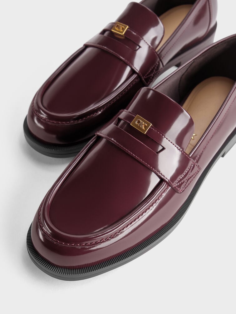 Georgina Leather Metallic-Accent Penny Loafers, Burgundy, hi-res