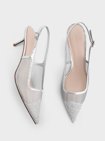 Mesh & Lace Pointed-Toe Slingback Pumps, Silver, hi-res