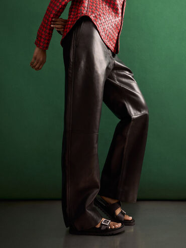 Recycled Polyester Gem-Buckle Double-Strap Sandals, Black Textured, hi-res