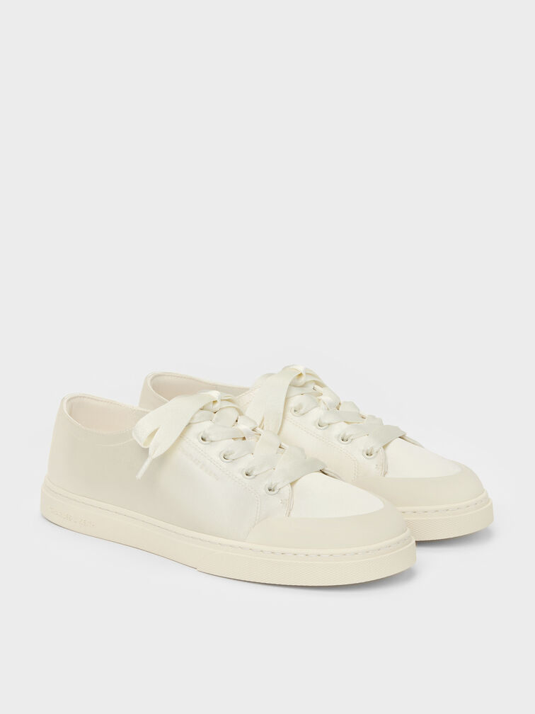Satin Lace-Up Sneakers, White, hi-res