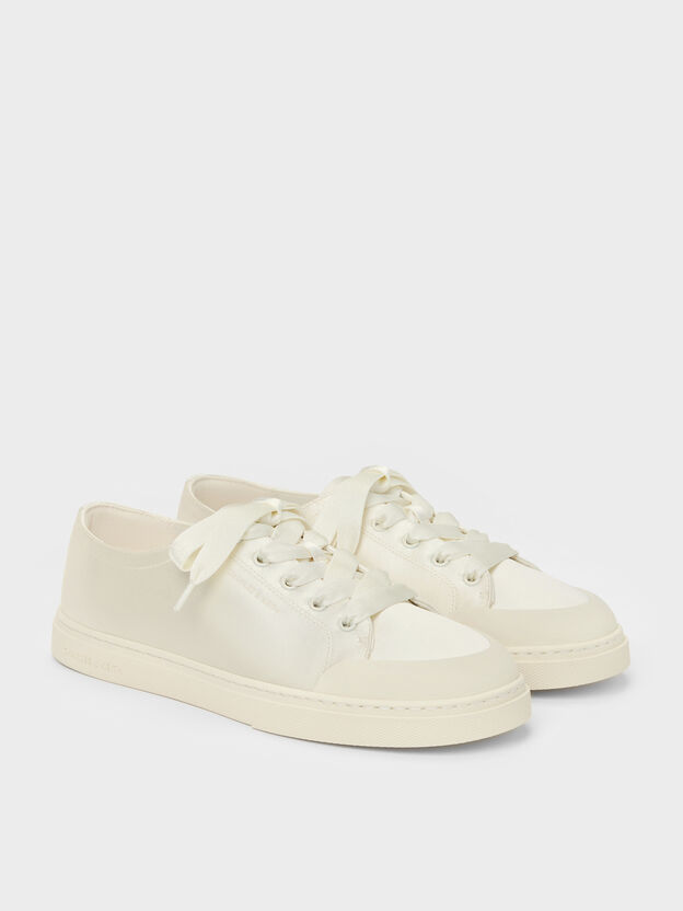 Satin Lace-Up Sneakers, White, hi-res