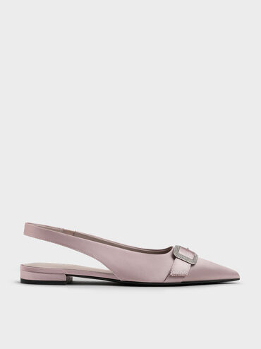 Satin Crystal-Buckle Pointed-Toe Slingback Flats, Mauve, hi-res