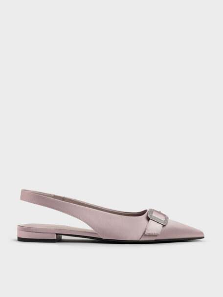 Satin Crystal-Buckle Slingback Flats, Mauve, hi-res