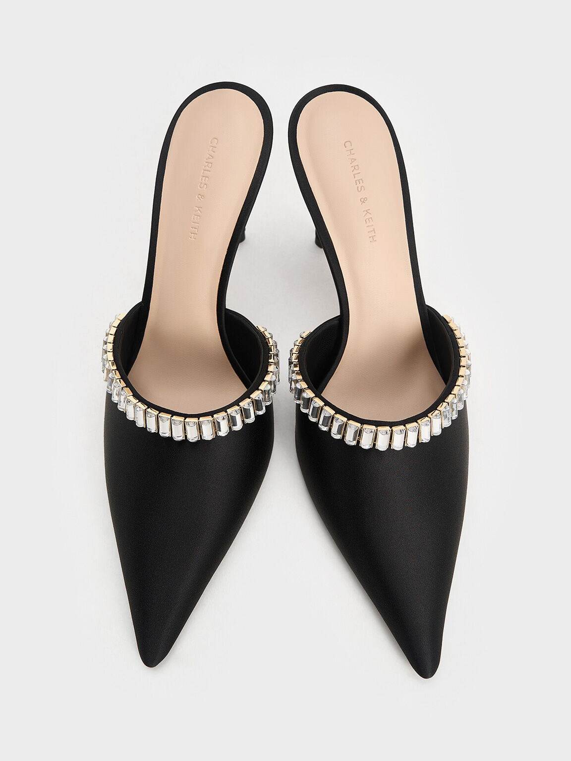 Black Textured Satin Crystal-Embellished Pointed-Toe Heeled Mules