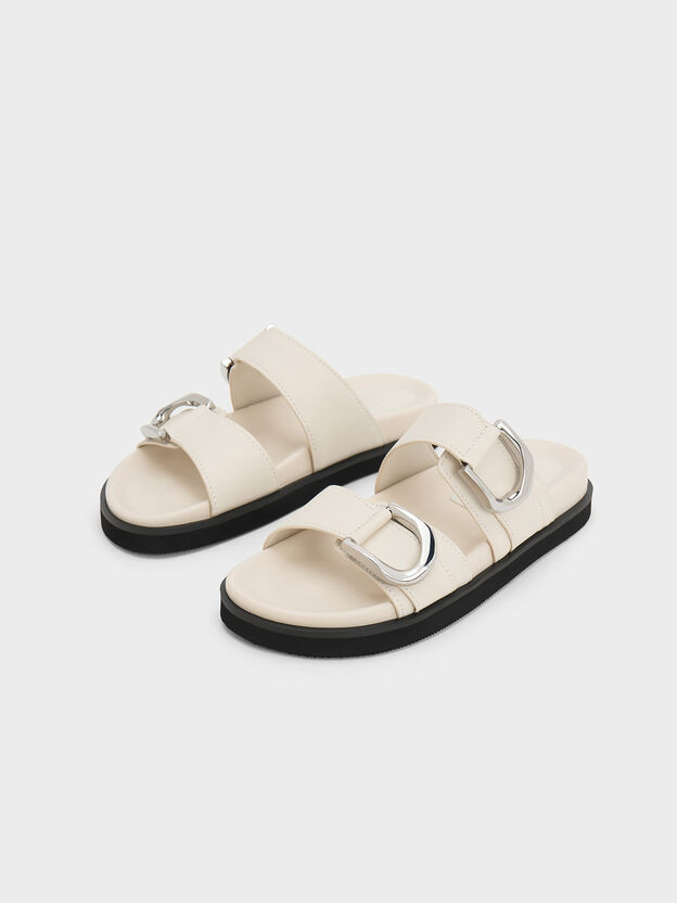 Gabine Silver-Buckle Leather Slides, Chalk, hi-res