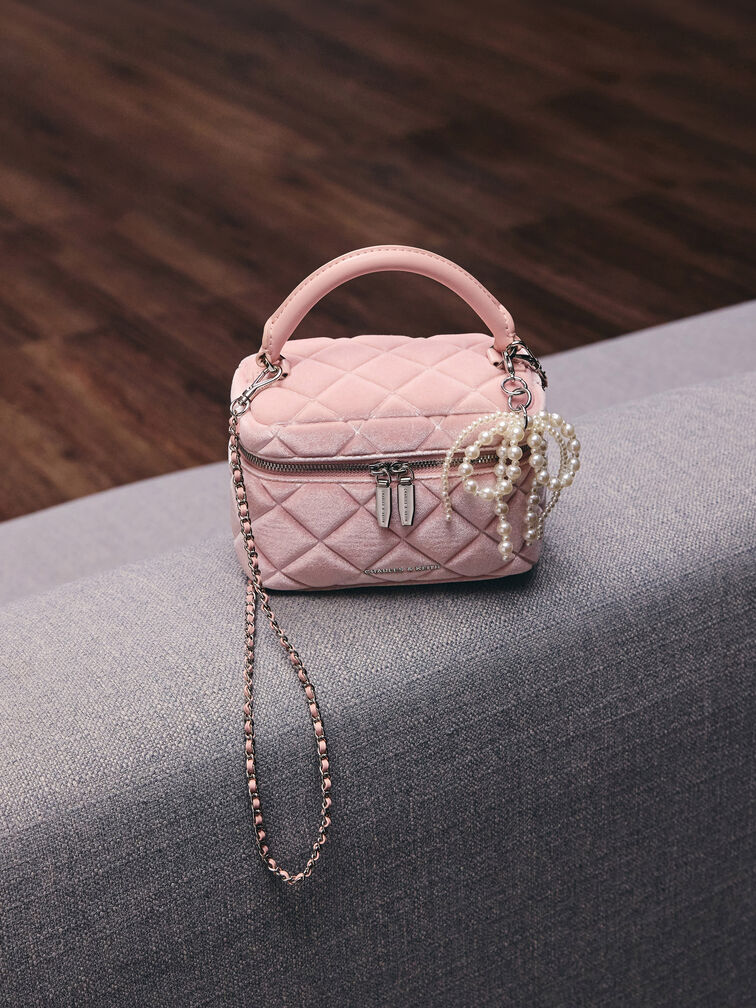Arwen Velvet Quilted Top Handle Vanity Bag, Pink, hi-res