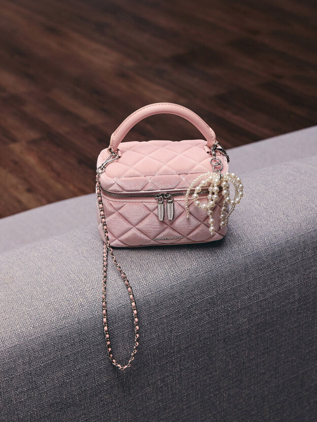 Arwen Velvet Quilted Top Handle Vanity Bag, Pink, hi-res
