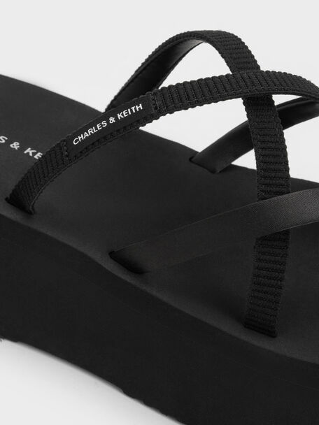 Levy Satin Strappy Flatform Sandals, Black Textured, hi-res