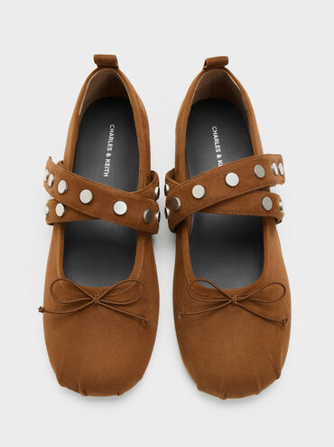 Gael Faux Suede Studded Crossover-Strap Bow Mary Janes, Brown, hi-res