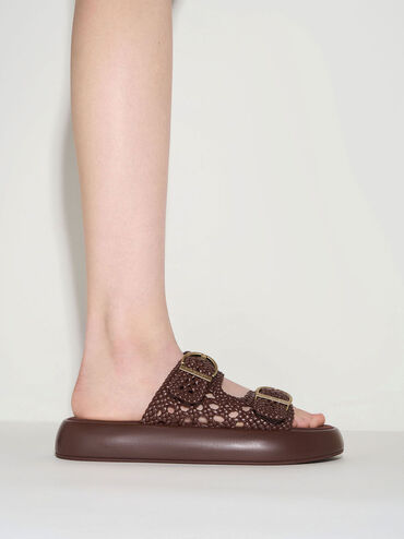Woven Double-Strap Buckled Sandals, Brown, hi-res