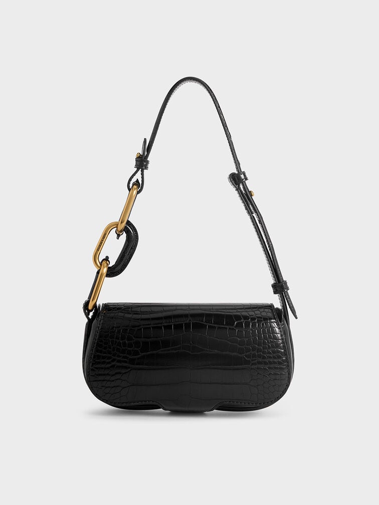 Mini Kora Croc-Effect Metallic-Accent Elongated Bag, Black, hi-res