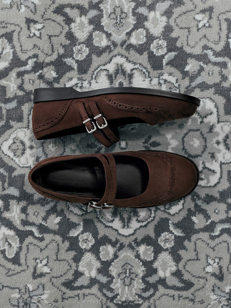 Faux Suede Double-Strap Brogue Mary Janes, Dark Brown Textured, hi-res