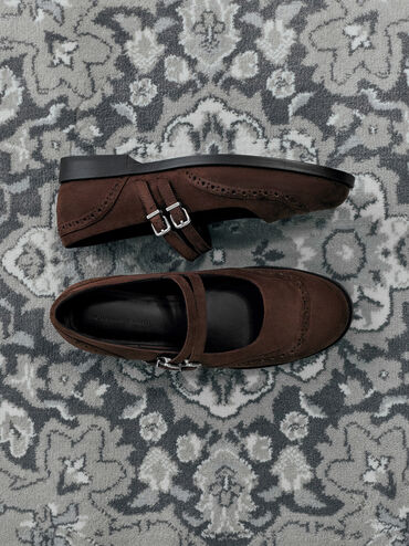Faux Suede Double-Strap Brogue Mary Janes, Dark Brown Textured, hi-res