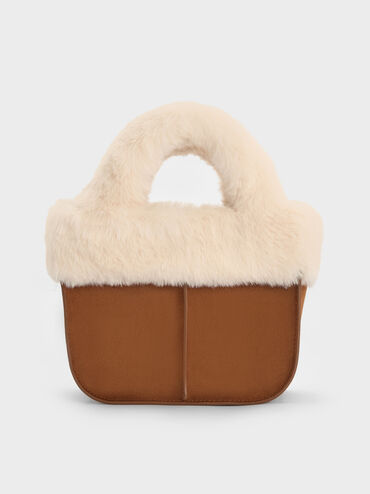 Girls' Wendy Faux Fur Tote Bag, Brown, hi-res