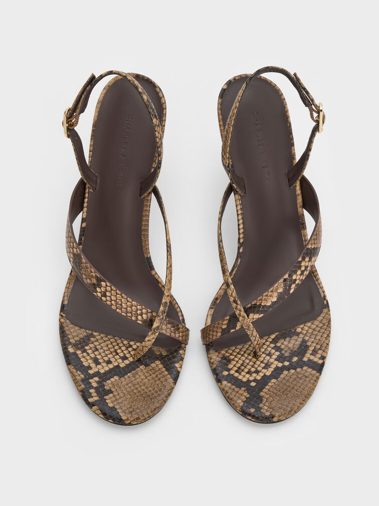 Snake-Print Stiletto Slingback Thong Sandals, Animal Print Natural, hi-res
