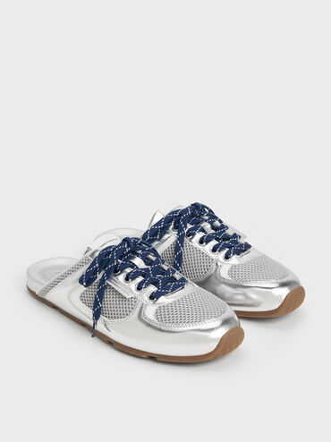 Metallic Mesh Patterned-Lace Slip-On Sneakers, Silver, hi-res