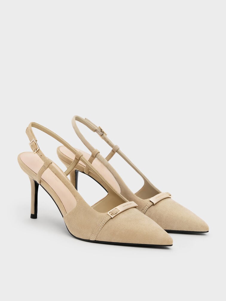 Faux Suede Metallic-Bar Pointed Slingback Pumps, Beige, hi-res