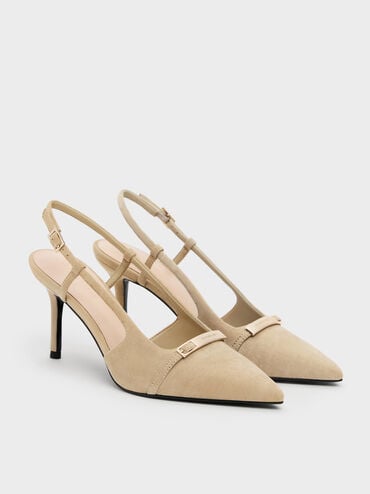Faux Suede Metallic-Bar Pointed Slingback Pumps, Beige, hi-res