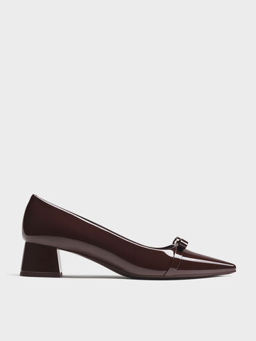 Dorian Patent Bow Pointed-Toe Block-Heel Pumps, Dark Brown, hi-res