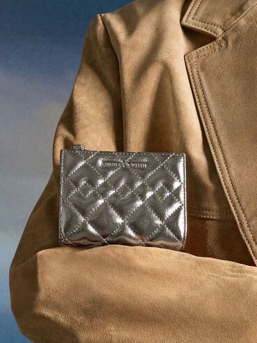Duo Metallic Quilted Small Wallet, Pewter, hi-res