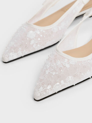 Tayari Embroidered-Mesh Slingback Flats, White, hi-res