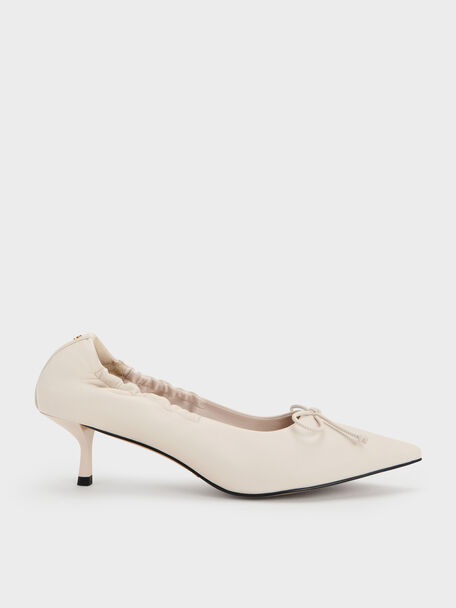 Leather Ruched Pointed Kitten Heels, Chalk, hi-res
