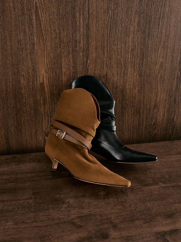 Karter Faux Suede Pointed-Toe Ruched Buckled Kitten-Heel Boots, Cognac, hi-res