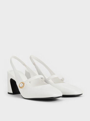 Pearl-Accent Mary Jane Slingback Pumps, White, hi-res