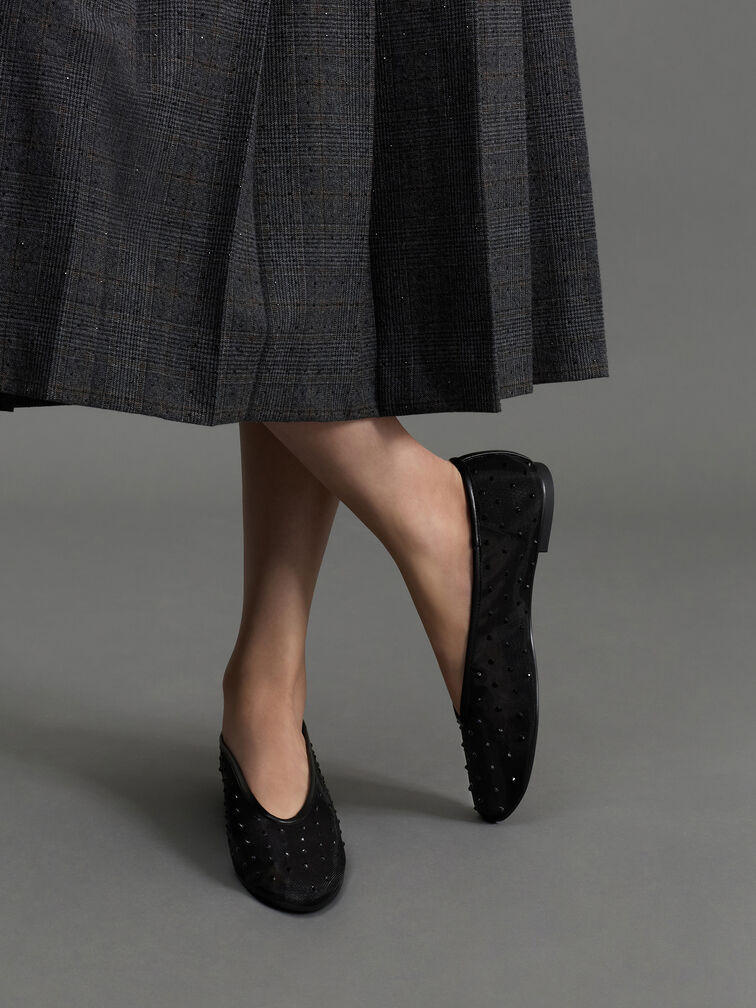Mesh Crystal Ballet Flats, Black Textured, hi-res