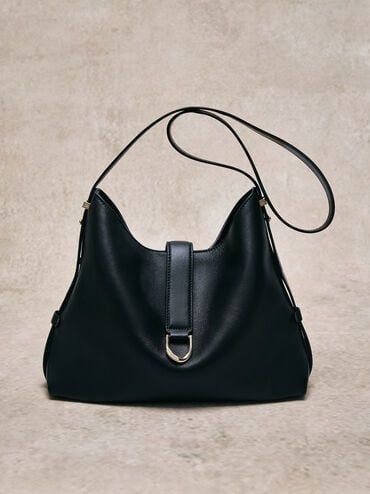 Gabine Leather Belted Hobo Bag, Black, hi-res