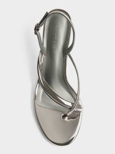 Metallic Stiletto Slingback Thong Sandals, Pewter, hi-res