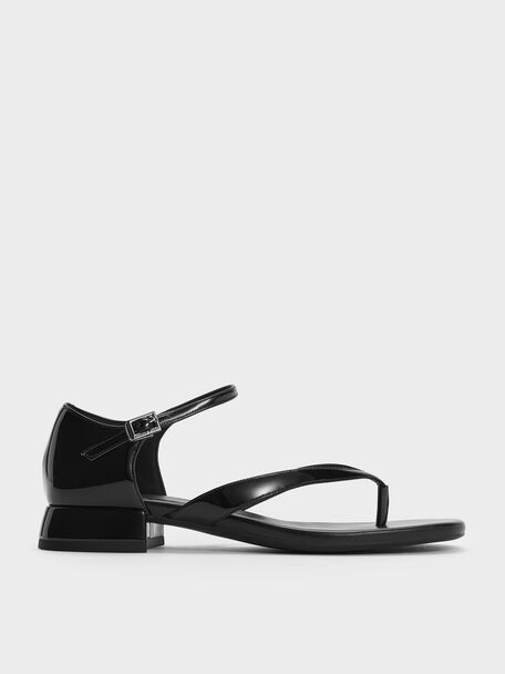 Patent Block-Heel Ankle-Strap Thong Sandals, Black, hi-res
