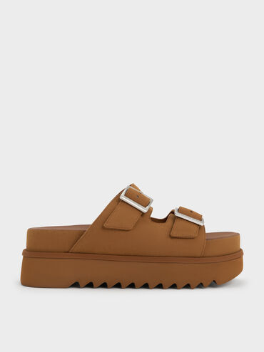 Buckled Double-Strap Flatform Sandals, Brown, hi-res