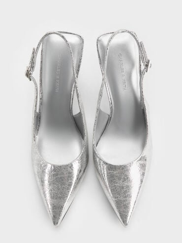 Metallic Crinkle-Effect Speckled-Heel Slingback Wedges, Silver, hi-res