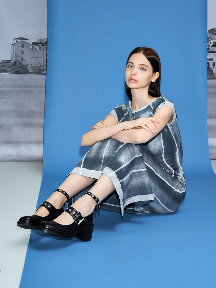 Grommet-Strap Mary Jane Pumps, Black, hi-res