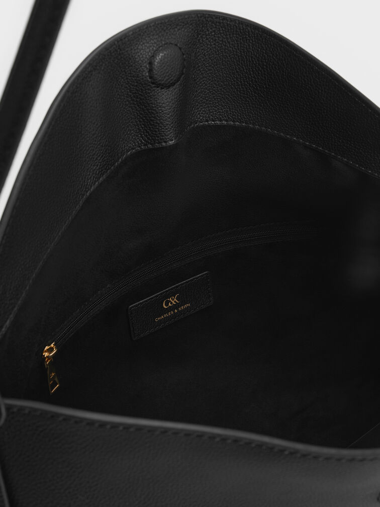 Large Leather Top-Flap Hobo Bag, Black, hi-res
