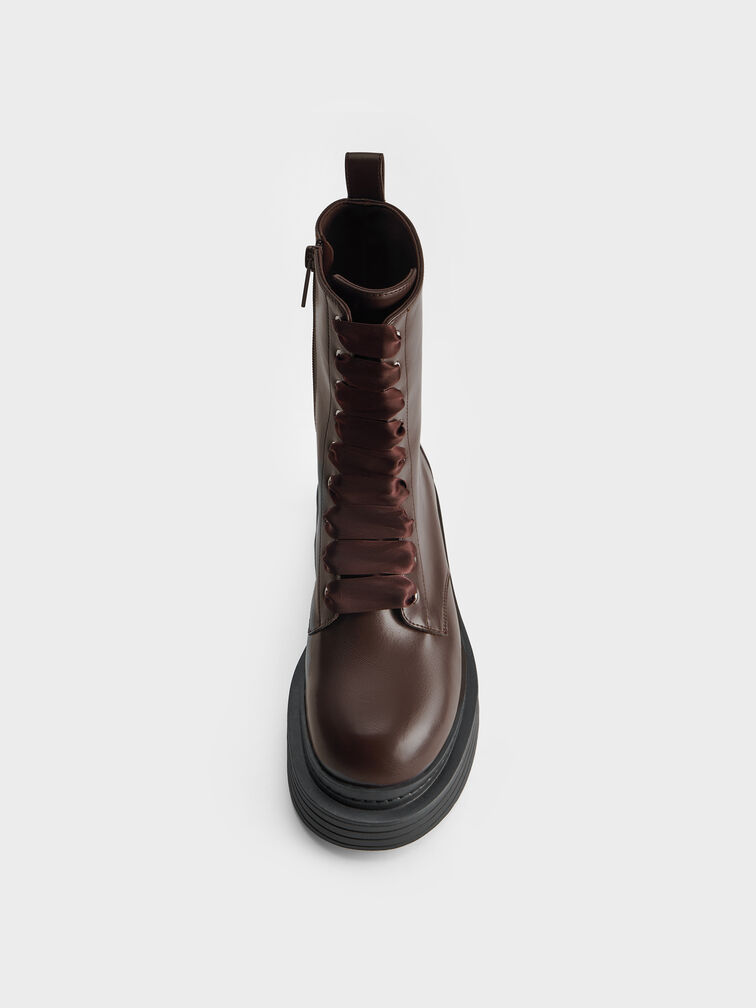 Satin-Lace Platform Combat Boots, Dark Brown, hi-res