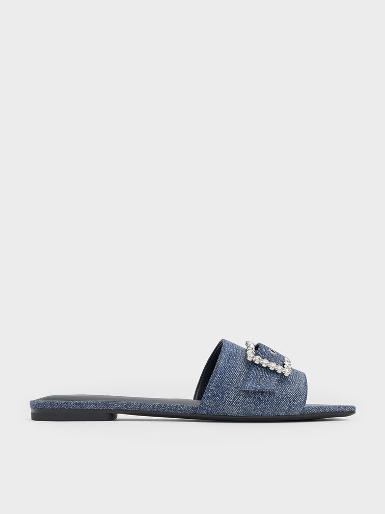 Denim Gem-Buckle Square-Toe Slide Sandals, Denim Blue, hi-res