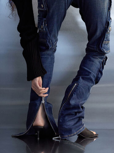 Loren Mesh Kitten-Heel Mules, Black Textured, hi-res