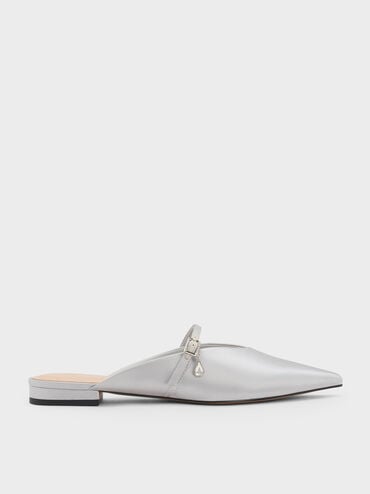 Satin Teardrop-Crystal Flat Mules, Silver, hi-res