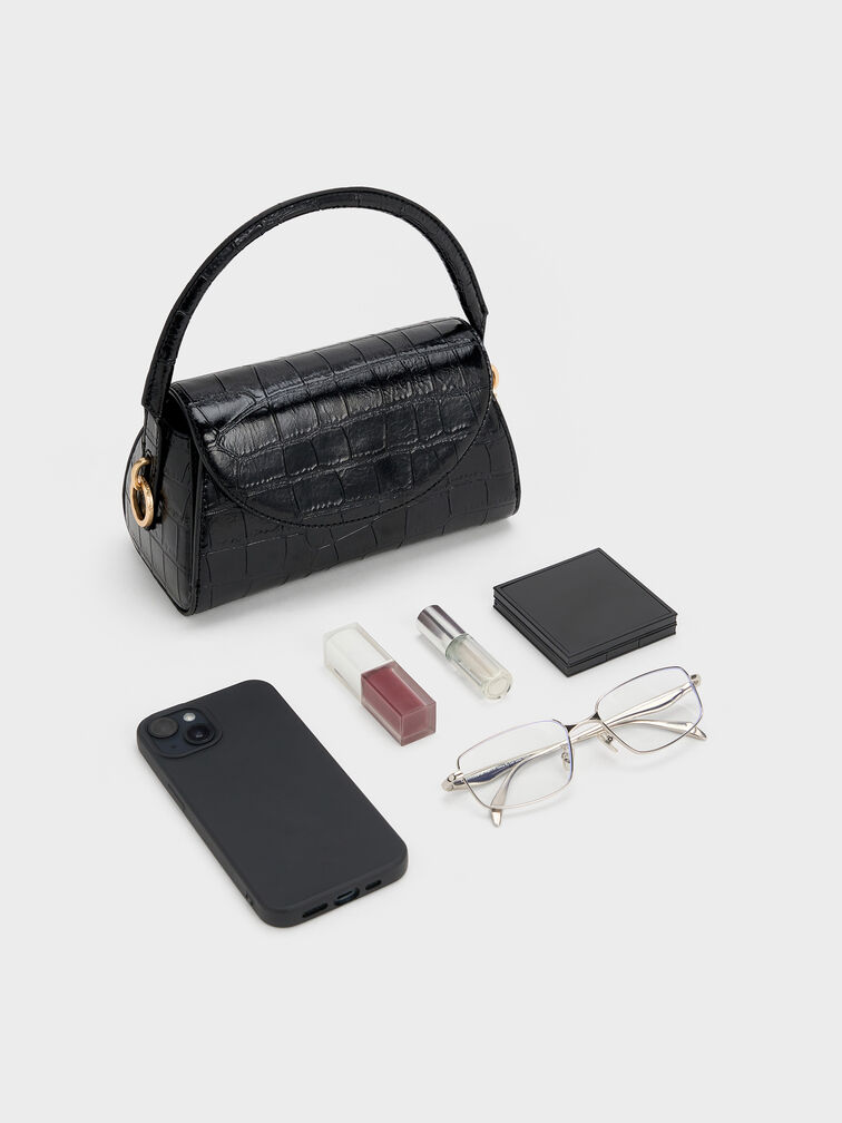 Kaila Croc-Effect Front-Flap Top Handle Bag, Black Croco, hi-res