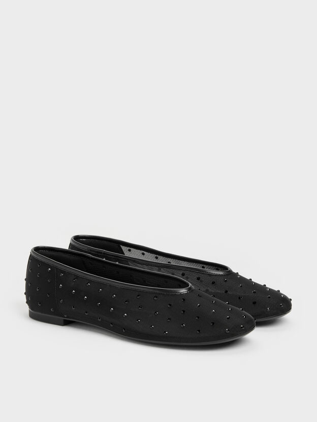 Mesh Crystal Ballet Flats, Black Textured, hi-res
