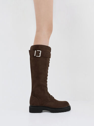 Darian Faux Suede Lace-Up Buckle-Strap Knee-High Boots, Dark Brown Textured, hi-res