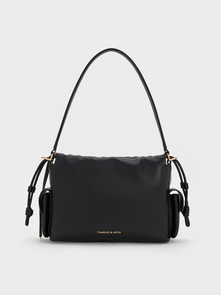 Khai Ruched-Flap Side-Pocket Top Handle Bag, Black, hi-res