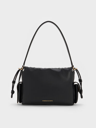 Khai Ruched-Flap Side-Pocket Top Handle Bag, Black, hi-res