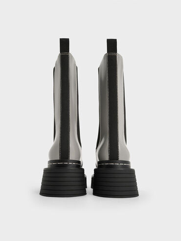 Stitch-Trim Platform Mid-Calf Chelsea Boots, Grey, hi-res