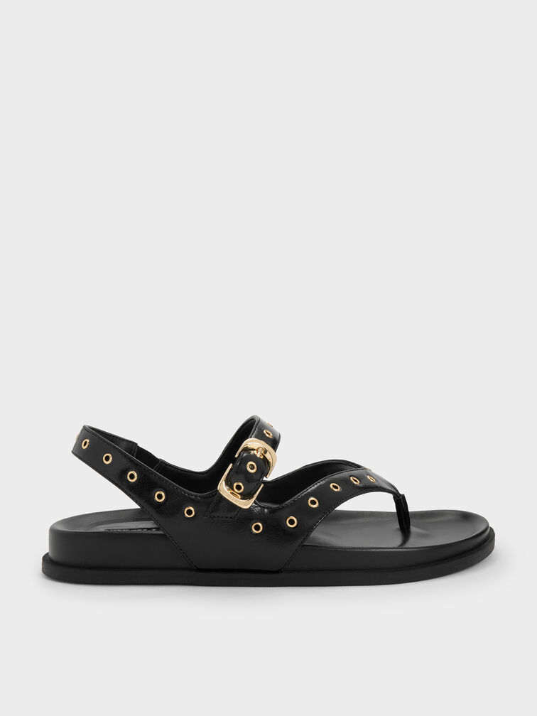 Grommet Thong Slingback Sandals, Black, hi-res